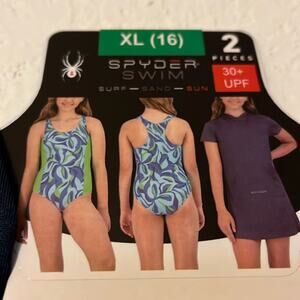 Spyder Swimsuit Girls Cover Up blue green coordinated set Size XL 16